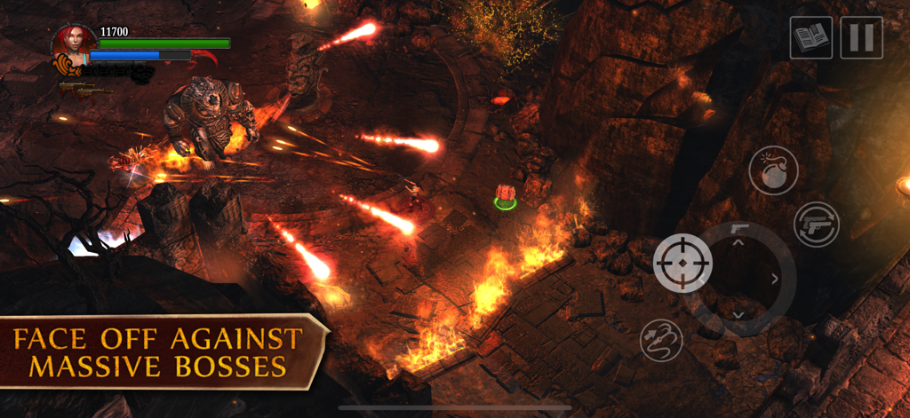 Lara Croft: Guardian of Light - Lara Croft fighting a massive boss in a fiery ancient temple environment