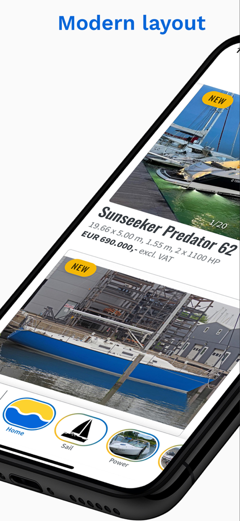 App mobile Boat24 che mostra yacht di lusso in vendita con un layout moderno