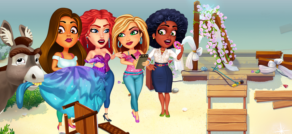 Fabulous - Wedding Disaster - Quatro personagens femininas chocadas enquanto um burro estraga um vestido em um casamento na praia