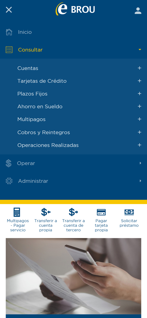 eBROU mobile banking app menu with account consultation and transaction options