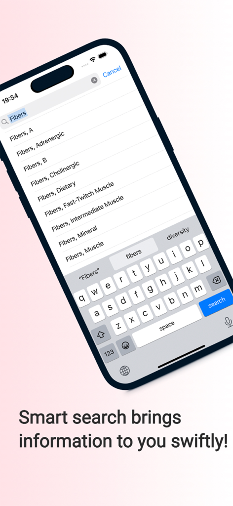 Iphone screenshot of the Medical Dictionary app showing a search for various medical fibers.