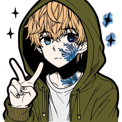 teenage manga boy in a hoodie, doing ✌