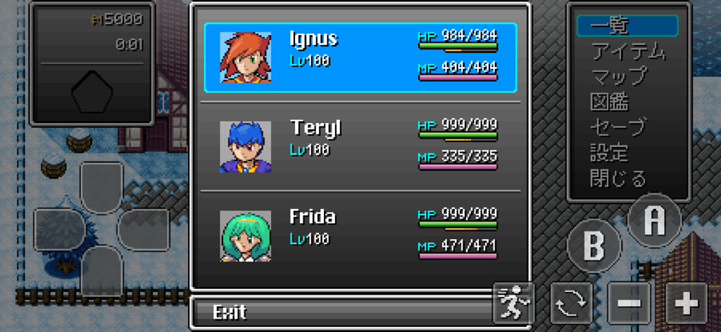 Starlight Legacy - Uma tela de menu no estilo retrô de 16 bits de Starlight Legacy mostrando os personagens Ignus, Teryl e Frida no nível 100 com suas barras de HP e MP.