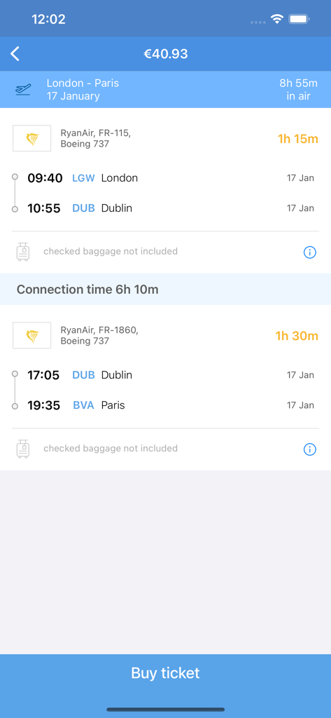 Una pantalla móvil que muestra un itinerario de vuelo de Ryanair de Londres a París con una conexión en Dublín en la aplicación City Travel.