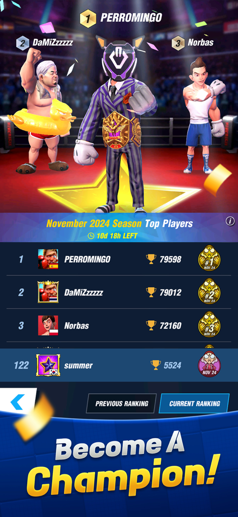 Classifica stagionale competitiva che mostra i migliori combattenti e le classifiche dei giocatori in Boxing Star.
