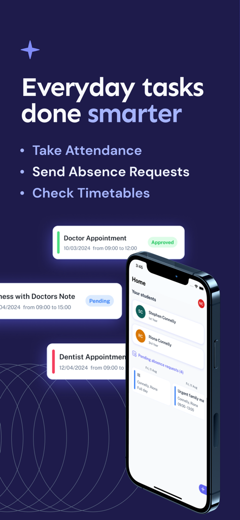 Tyro School app interface on a smartphone showing student management, absence requests, and school timetables