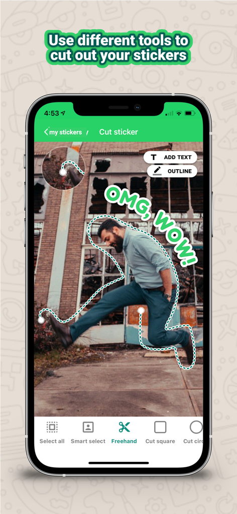 Die Benutzeroberfläche der Sticker Maker Studio-App, die das Freihandwerkzeug zur Erstellung eines Stickers mit benutzerdefiniertem Text zeigt.