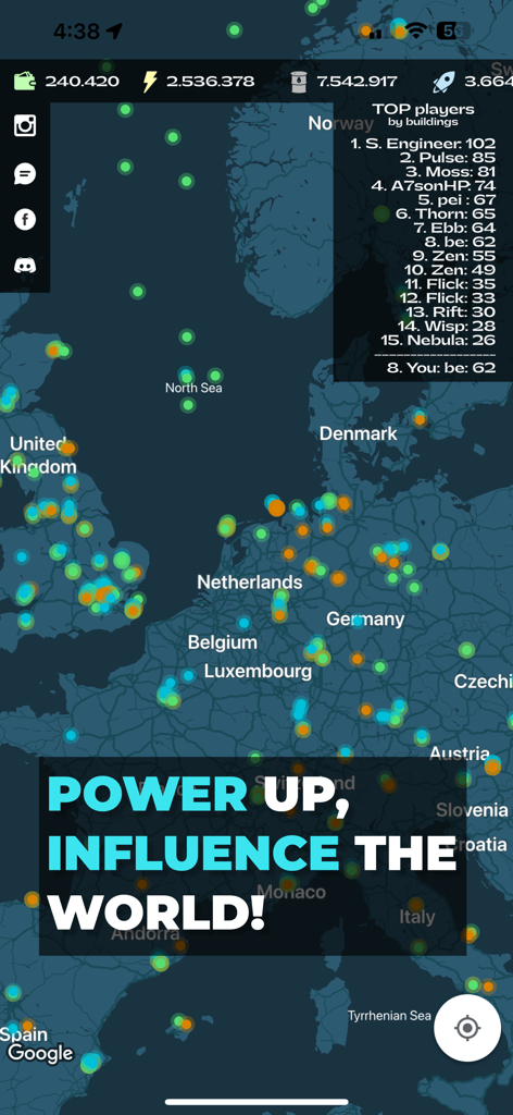 Eine geopolitische Karte Europas in einem Strategiespiel mit einer Spieler-Rangliste und einem Text-Overlay "Power up influence the world".