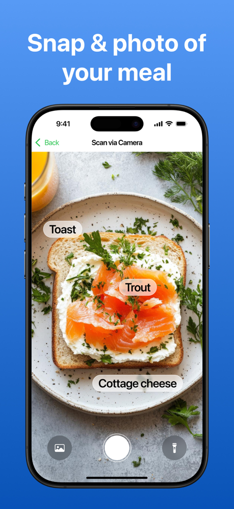 AI Calorie Counter, Tracker - Un smartphone escaneando una comida para rastrear calorías usando reconocimiento de alimentos por IA