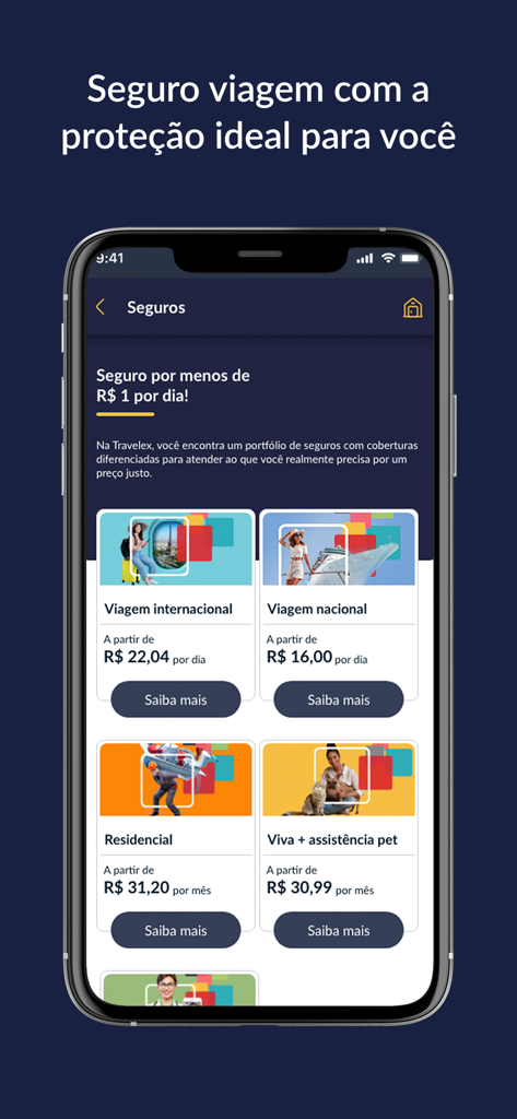 Confidence Câmbio - Interface de l'application Confidence Cambio listant les options d'assurance voyage et habitation.