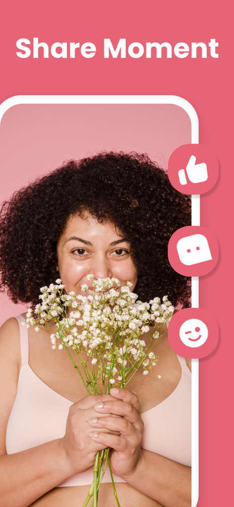 Plus Club: BBW Dating & Chat - A smiling plus size woman holding flowers with floating social interaction icons for likes and chat.