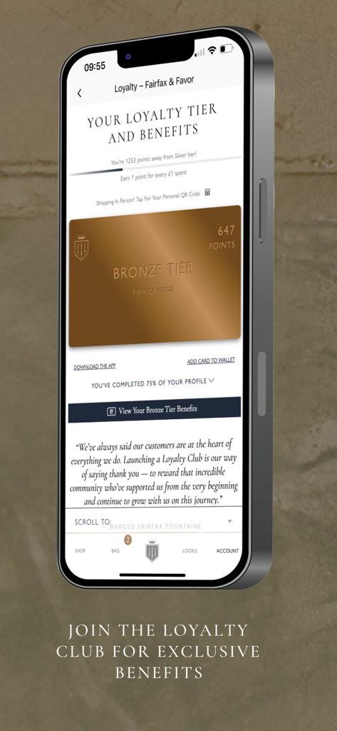 Fairfax & Favor - Fairfax and Favor app showing bronze loyalty tier and exclusive club benefits