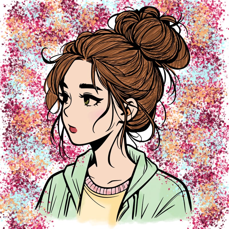 realistic teenage girl with a messy bun