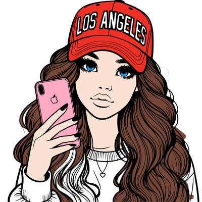 realistic beautiful girl wearing los ángeles cap holding an iphone