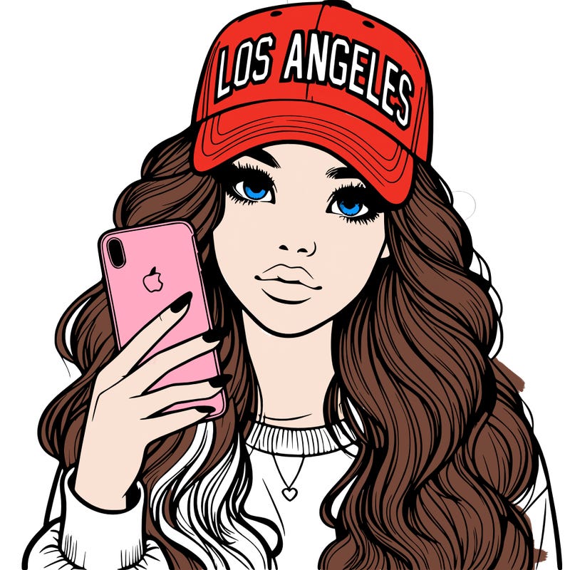 realistic beautiful girl wearing los ángeles cap holding an iphone