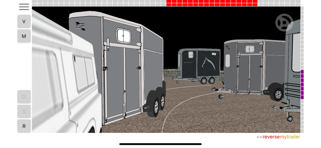 ReverseMyTrailer - ReverseMyTrailer simulator view of a towing vehicle and horse trailers in a yard