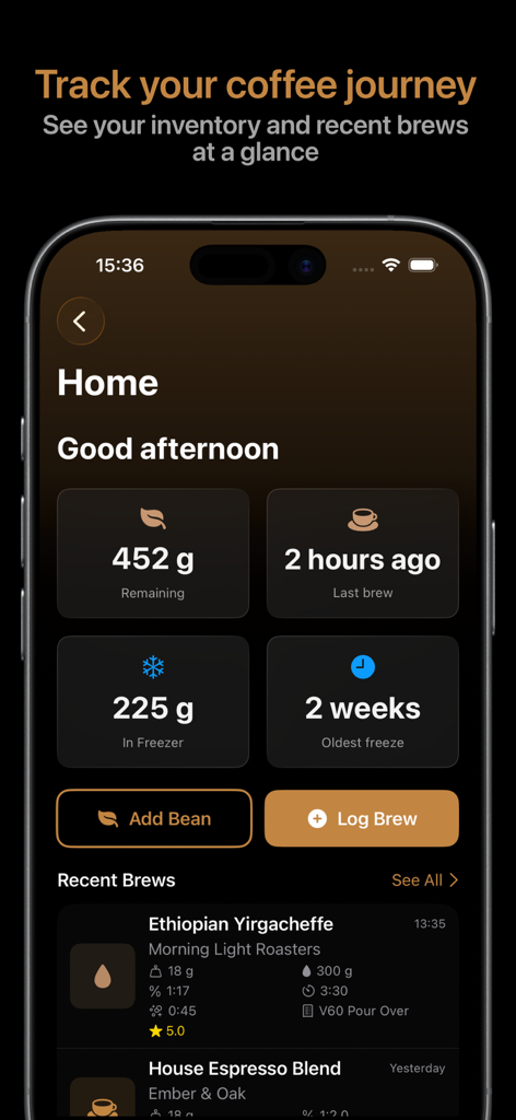 Beanstats app dashboard showing coffee bean inventory and recent brewing activity.