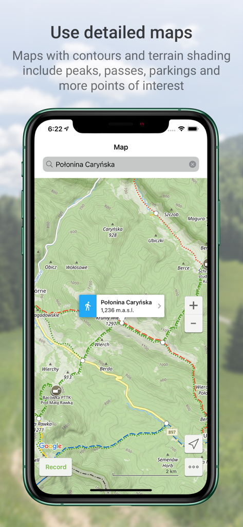 Hiking Map Poland - Detailed topographic map in the Hiking Map Poland app showing hiking trails and elevation contours for Polonina Carynska.