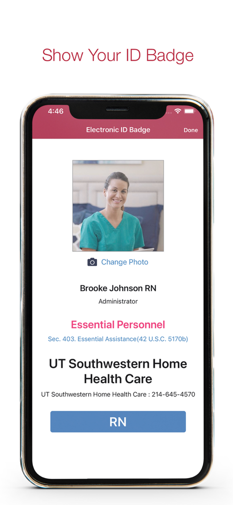 Axxess Home Health - Electronic ID badge screen on the Axxess Home Health mobile app for nursing professionals