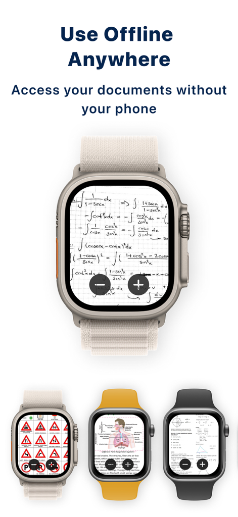 PDF Watch Viewer : WristDocs - Cuatro pantallas de Apple Watch mostrando acceso sin conexión a documentos como fórmulas matemáticas, diagramas médicos y señales de tráfico.