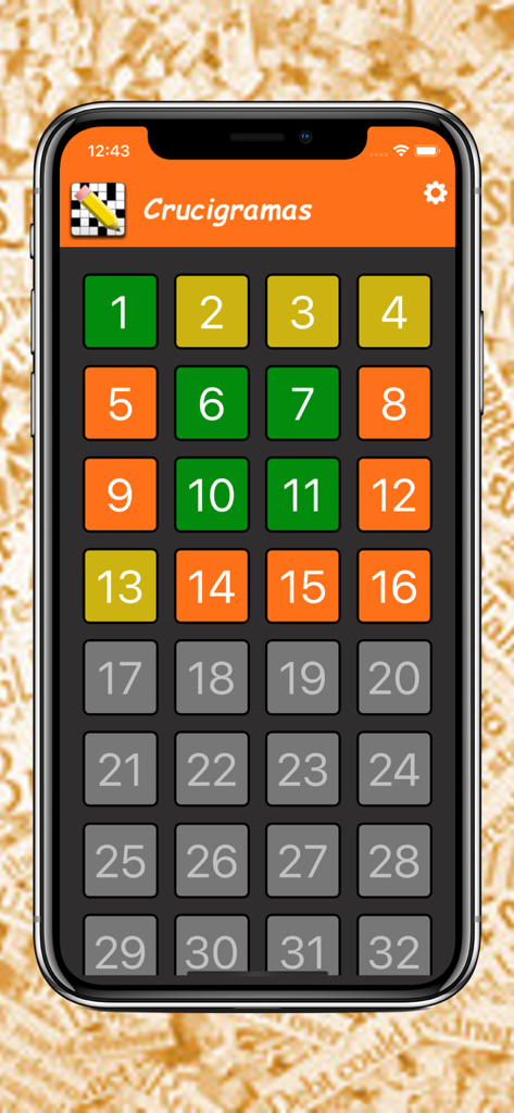 Crucigramas - Pantalla de selección de nivel de la aplicación Crucigramas que muestra casillas numeradas para diferentes crucigramas.