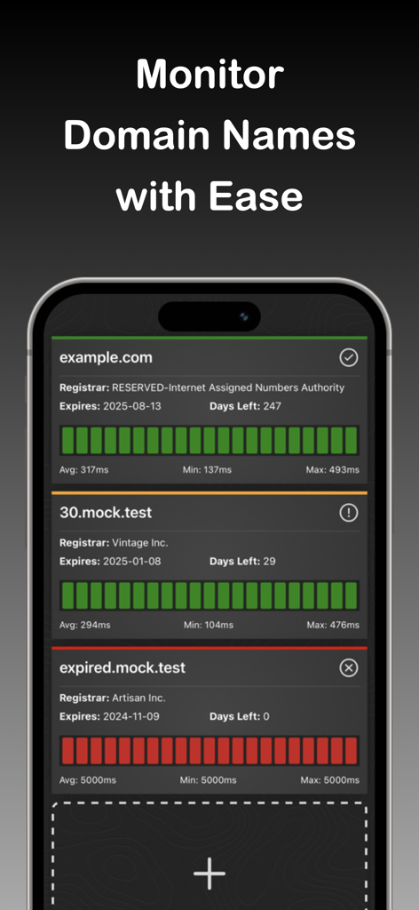 Tableau de bord de l'application DNS Time pour surveiller l'expiration des noms de domaine et les performances du serveur.