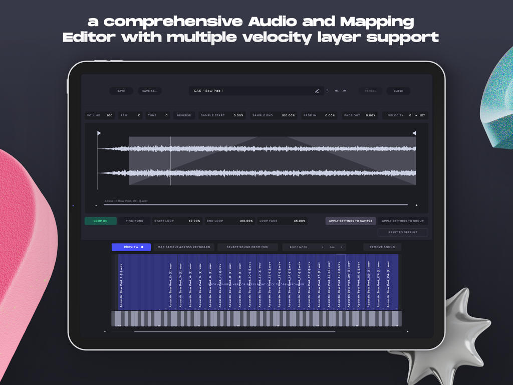 Soundbox - Instrument Platform - Interface of the Soundbox app on iPad showing the audio and mapping editor with waveform display and velocity layer support.