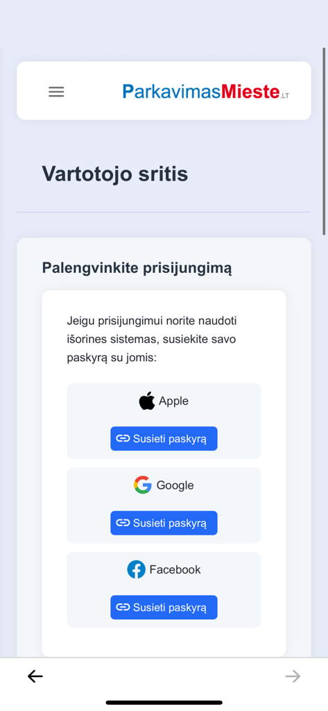 ADCParking - ADCParking app user screen for linking Apple Google and Facebook accounts