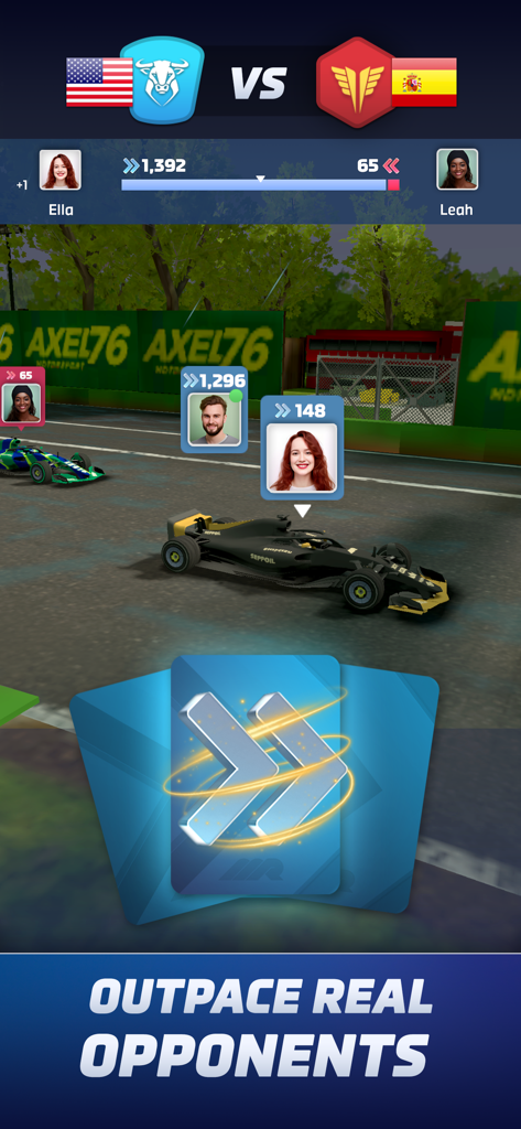 Racing Rivals Motorsport Game screenshot showing a competitive team-based formula race between USA and Spain with real player avatars.