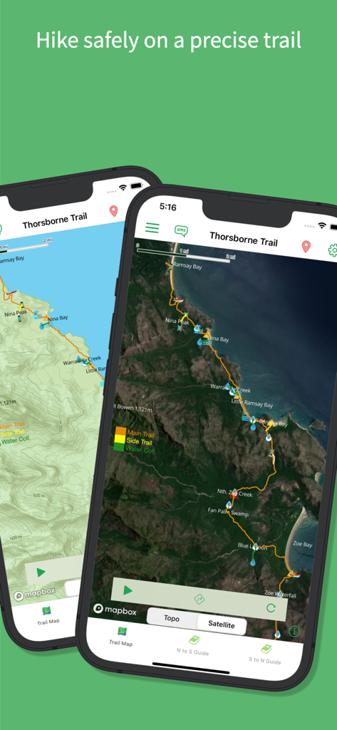 Interface de l'application Thorsborne Trail montrant des cartes de navigation topographiques et satellites sur deux iPhones
