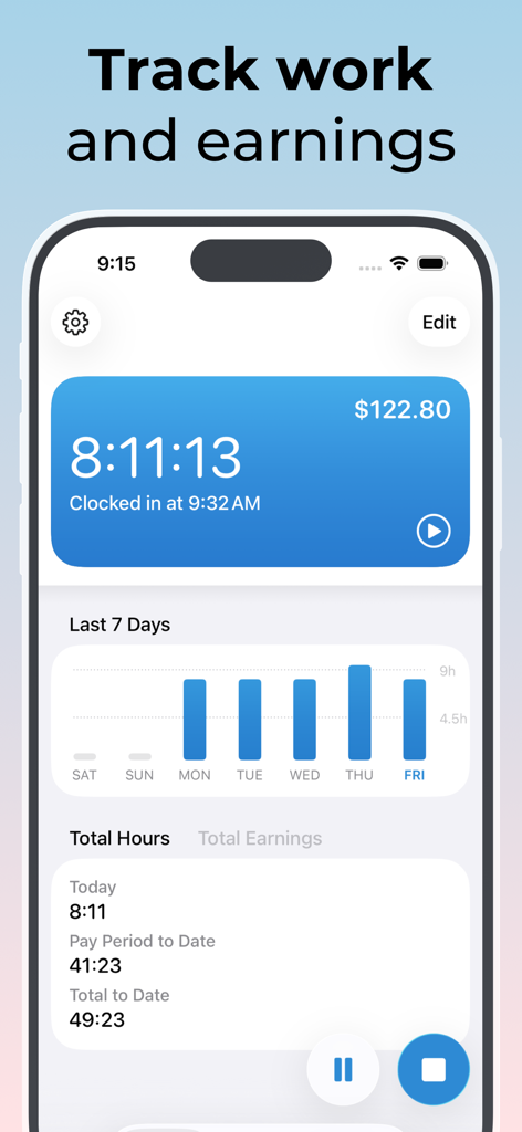 Clock in clock out: Flexishift - Interface of Flexishift app displaying a running work timer real time earnings and weekly hours chart