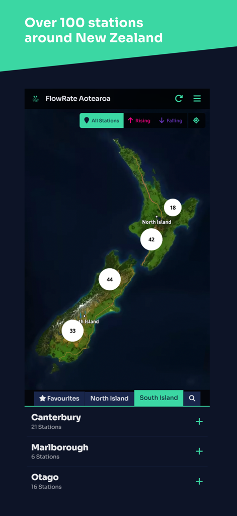 FlowRate - FlowRate mobile app interactive map showing over 100 river monitoring stations across New Zealand.