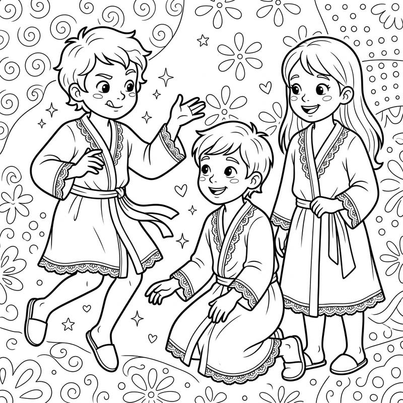 Discover a charming coloring page featuring three happy children in beautifully detailed lace robes. This playful scene, complete with whimsical background patterns, is perfect for young artists to enjoy.