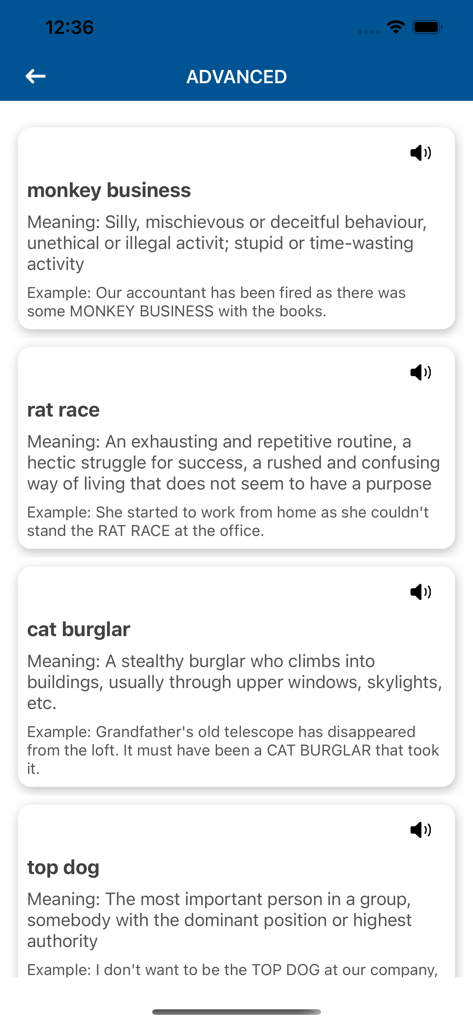 Advance English Dictionary app interface showing definitions and examples for various English idioms.