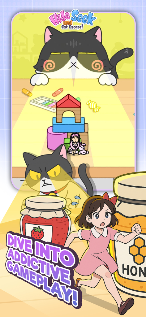 カラフルなモバイルゲームのシーンで、大きな猫から走って隠れている小さな女の子キャラクター