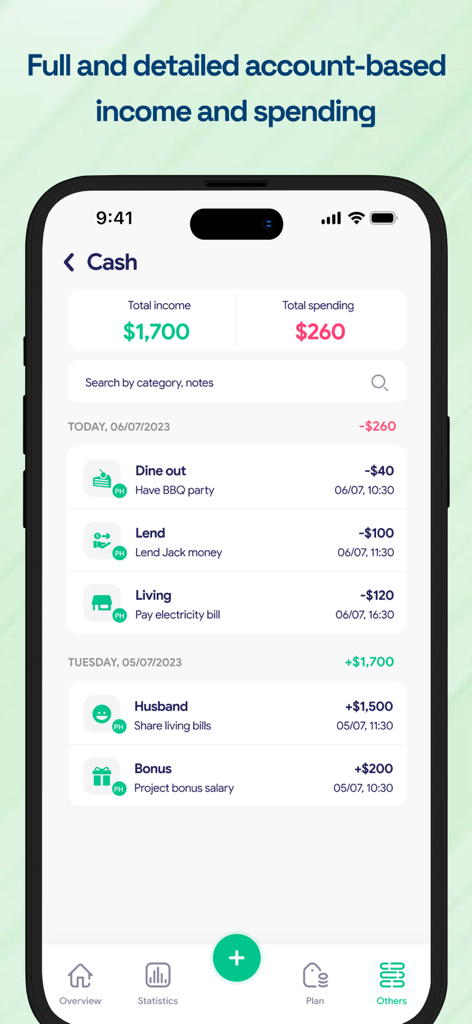 Budget Planner & Tracker: HeDa - HeDa app screen displaying a detailed list of income and spending transactions for a cash account