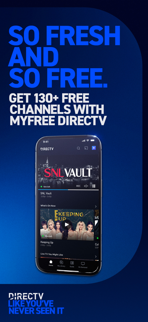 Smartphone displaying the DIRECTV app with promotional text for over 130 free channels