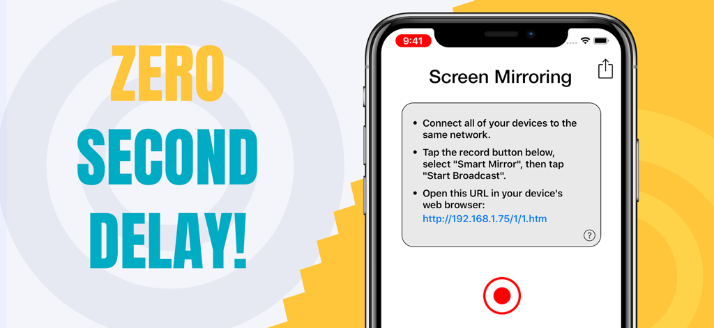 Smart Mirror | TV & Device - Interfaz de la aplicación Smart Mirror que muestra instrucciones de configuración para duplicación de pantalla con cero segundos de retraso a través de una URL de navegador web