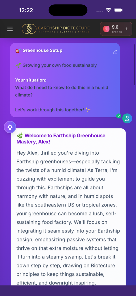 Interfaz de la aplicación Asistente Earthship que proporciona asesoramiento experto de IA sobre la instalación de un invernadero para la producción sostenible de alimentos