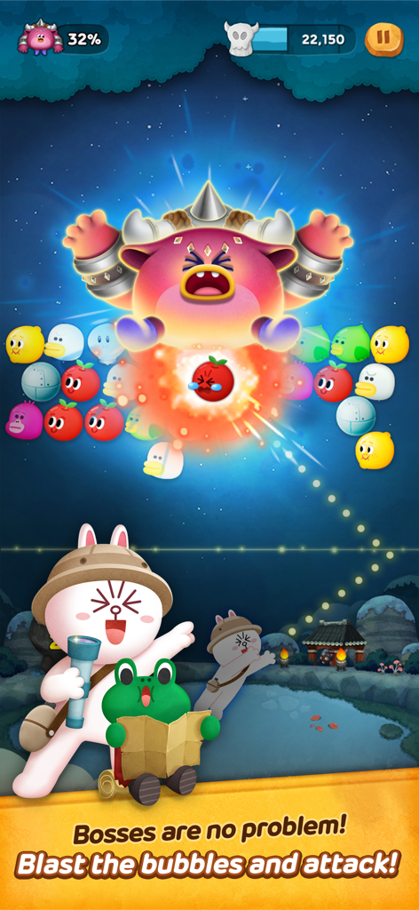 LINE Bubble 2 - Cony et Leonard affrontent un boss monstre rose dans un niveau de puzzle de tir de LINE Bubble 2.