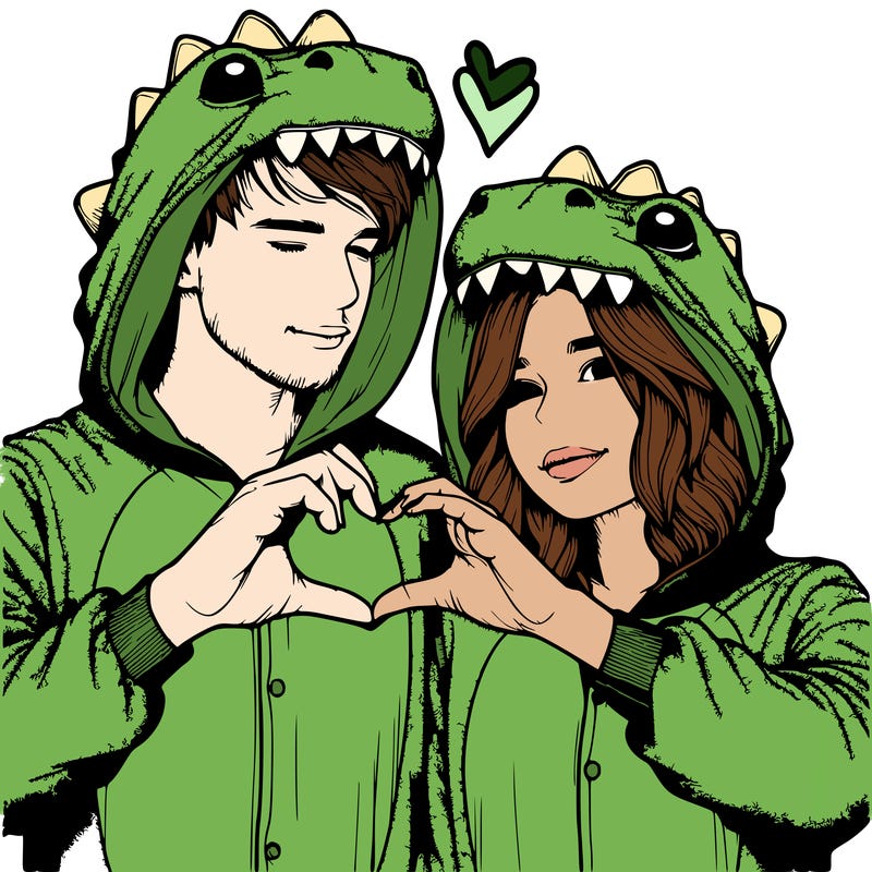 realistic couple wearing matching dinosaur onesies with heart hand gesture