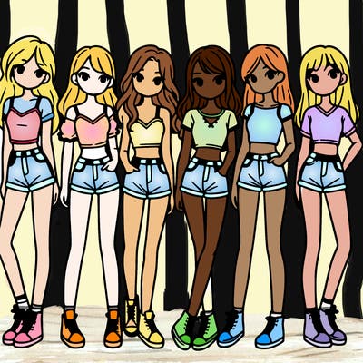 a group of girls wearing crop tops and shorts