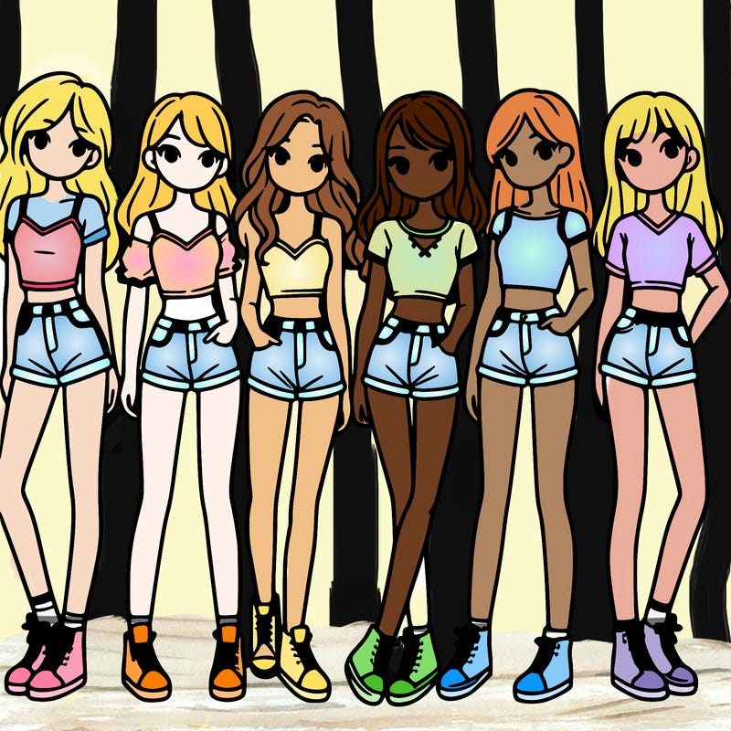 a group of girls wearing crop tops and shorts