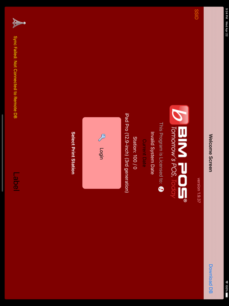 BIM PAD - Pantalla de inicio de sesión y bienvenida de la aplicación BIM PAD, el TPV manual para tomar pedidos.