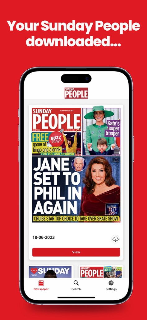 Application Sunday People Newspaper montrant une édition numérique téléchargée sur l'écran d'un smartphone