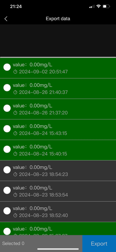 Export data screen in the Alcohol Sensor app showing a list of breathalyzer test results and timestamps.