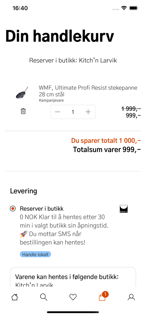Kitch'n - Carrello dell'app Kitch'n che mostra una padella scontata e opzioni di ritiro in negozio.