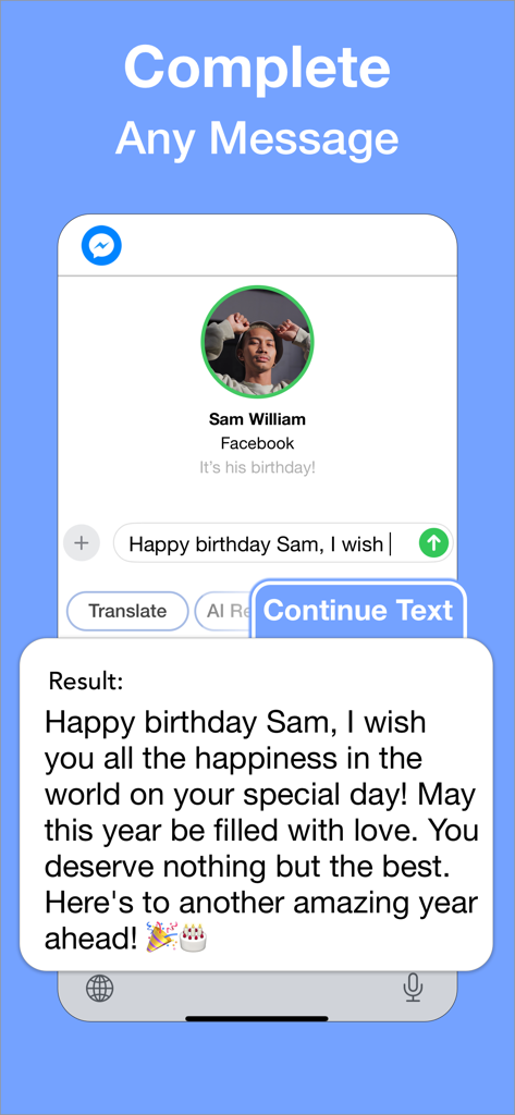 TyprAI: AI Keyboard & Writer - TyprAI keyboard interface showing the AI Continue Text feature completing a birthday message