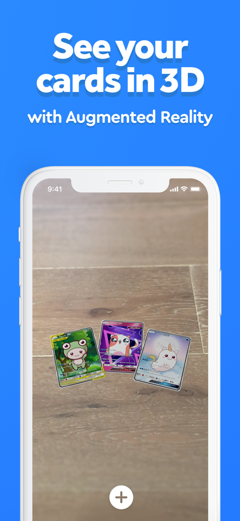 PokeArt app displaying custom trading cards in 3D using Augmented Reality on a floor
