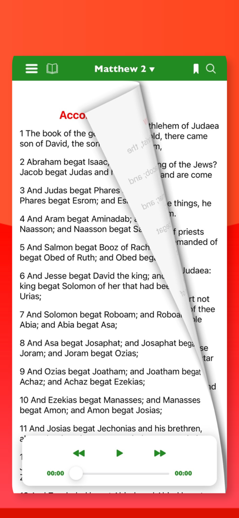Bible: Read KJV, Study & Audio - KJV Bible app displaying Matthew chapter 2 with a page turn effect and an integrated audio player at the bottom